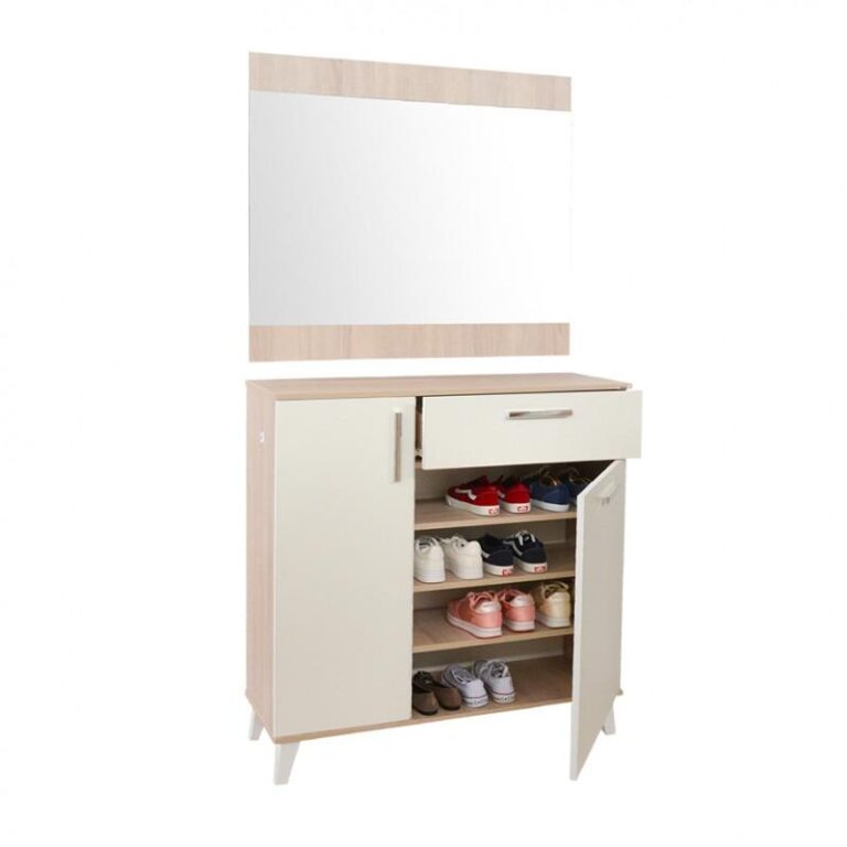 Porte Chaussures Sotufab Diva Avec Miroir – Chêne Brut & Blanc – PC36CB/BC00 Tunisie