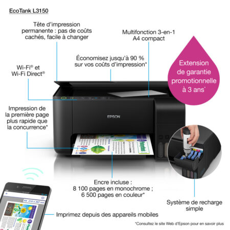 Imprimante à Réservoir Intégré Epson Eco Tank L3150 3 en 1 Couleur Wifi -C11CG86407 Tunisie