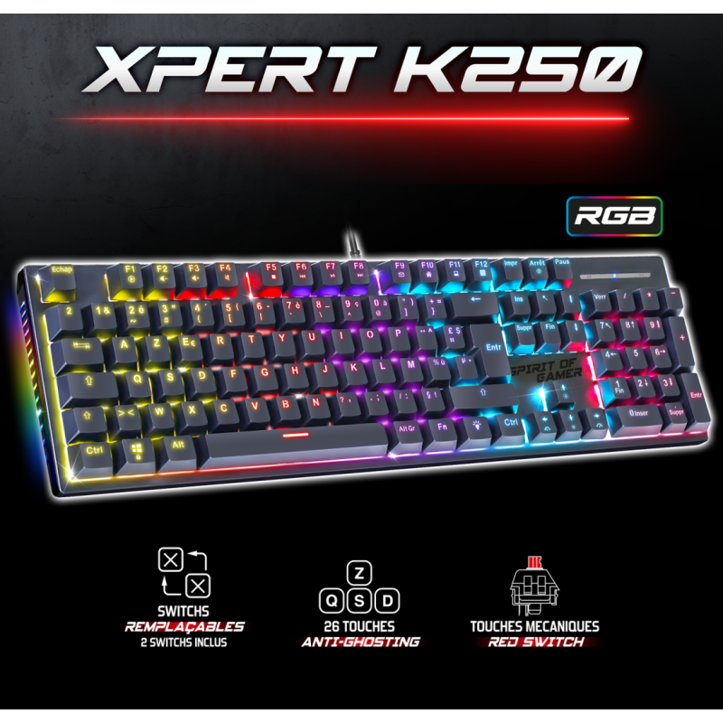 Clavier Sans Fil Mécanique Spirit of Gamer XPERT K250 RGB Switch Rouge – Noir – CLA-XK250BK Tunisie