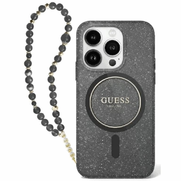 Coque MagSafe Guess Glitter avec bracelet en perles pour iPhone 16 Pro Max – Noir- 29813 Tunisie