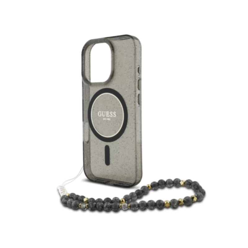 Coque MagSafe Guess Glitter avec bracelet en perles pour iPhone 16 Pro Max – Noir- 29813 Tunisie