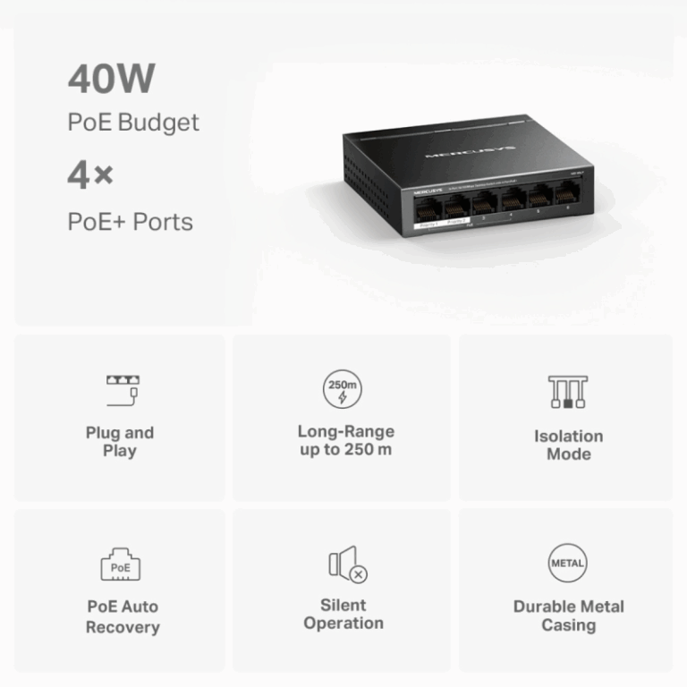 Switch De Bureau Mercusys 6 Ports 10/100mbps Avec 4 Ports Poe+ – TL-MS106LP Tunisie