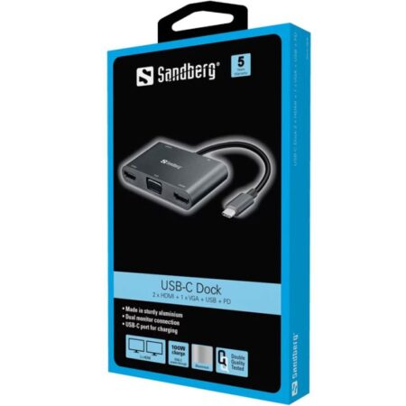 Station D&rsquo;accueil Sandberg Dock Usb-c 2xhdmi+1xvga+usb+pd – Gris – 136-35 Tunisie